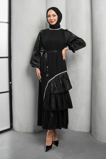 Siyah Fırfır Detay Organze Taş İşleme Abiye