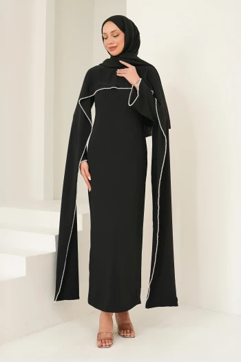 Siyah İnci Detaylı Pelerinli Abiye