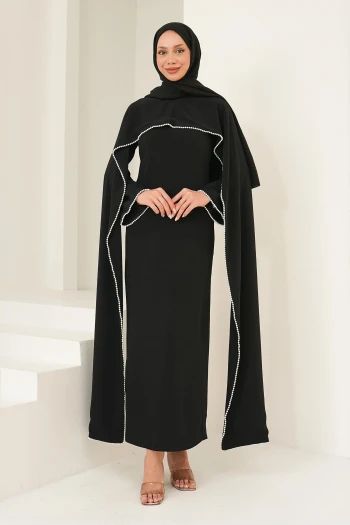 Siyah İnci Detaylı Pelerinli Abiye