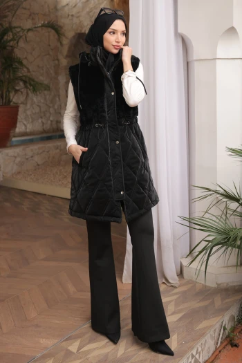 Siyah Kapüşonlu Bel Lastikli Kapitone Şişme Yelek