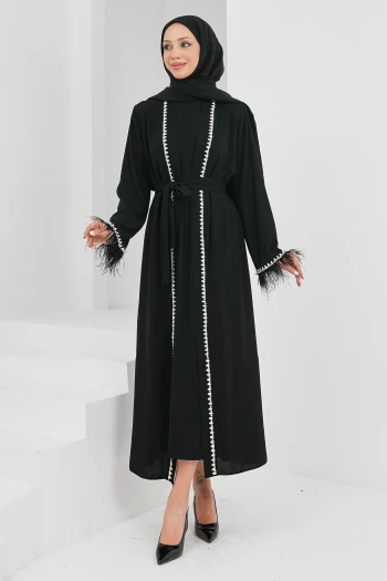 Siyah Kolları Tüğlü Taş Detaylı Kuşaklı Abaya