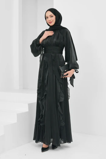 Siyah Önü Drapeli Kol Bağlamalı Abiye