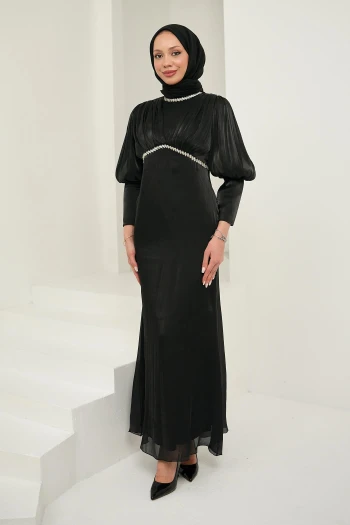 Siyah Önü Piliseli Taşlı Abiye