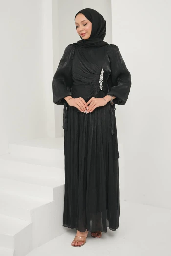 Siyah Önü Taş Detaylı Kol Bağlamalı Abiye
