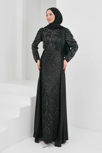 Siyah Önü Taşlı Saten Abiye