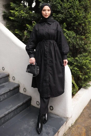 Siyah Oversize Taşlı Düğmeli Gabardin Tunik
