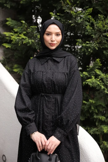 Siyah Oversize Taşlı Düğmeli Gabardin Tunik