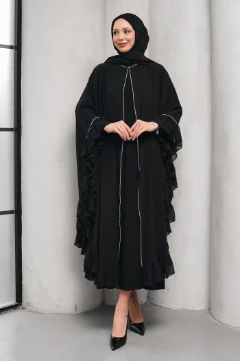 Siyah Taş Detaylı Fırfırlı İkili Abaya Takım