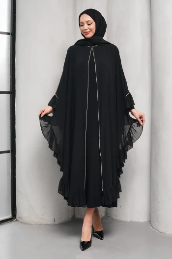 Siyah Taş Detaylı Fırfırlı İkili Abaya Takım