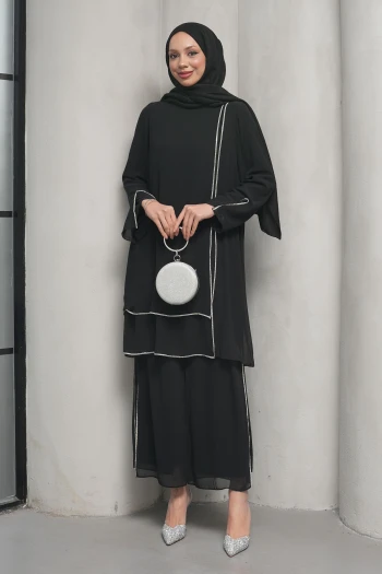 Siyah Taş Detaylı Tunik Pantolonlu Abiye Takım