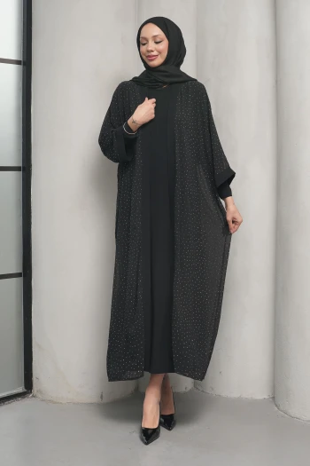 Siyah Taş İşlemeli İkili Abaya Takım