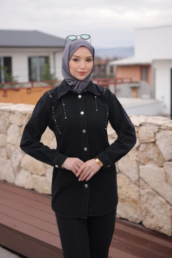 Siyah Taşlı Ceket Pantolonlu Kot Takım