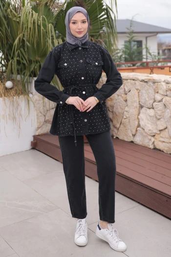 Siyah Taşlı Ceket Pantolonlu Takım