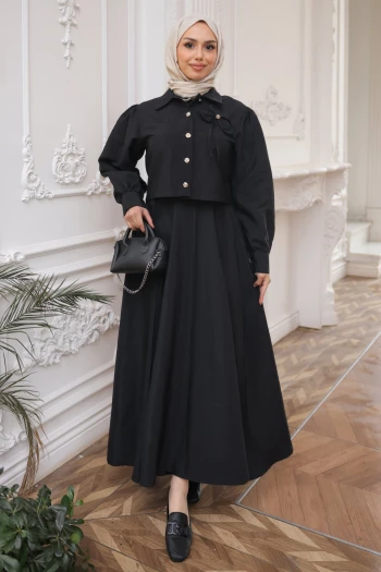 Siyah Yaka Detaylı Crop Gömlek Etekli Takım