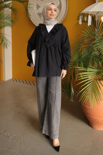 Siyah Yaka Fırfırlı Yan Bağlamalı Kol Lastikli Tunik