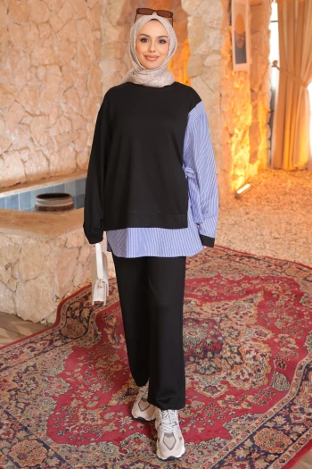 Siyah Yan Bağlamalı Modal Tunik Pantolon Takım