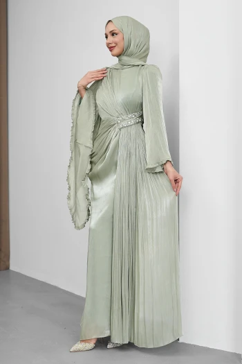 Su Yeşili Bel Taşlı Şifon Abiye