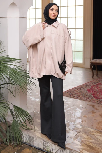 Taş Eteği Pileli Oversize Süet Ceket