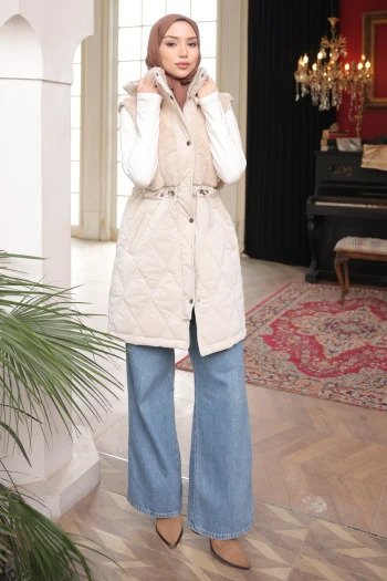 Taş Kapüşonlu Bel Lastikli Kapitone Şişme Yelek