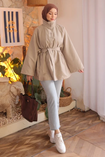 Taş Kuşaklı Düğmeli Gabardin Trençkot