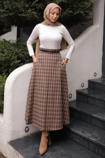 Vizon Beli Kemerli Yandan Cepli Ekose Kloş Etek