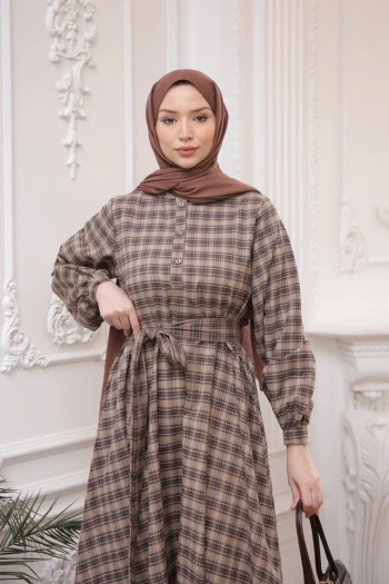 Vizon Ekose Desenli Kuşaklı Elbise