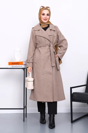 Vizon Kruvaze Yaka Kuşaklı Kaşe Kaban