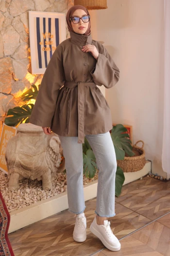 Vizon Kuşaklı Düğmeli Gabardin Trençkot