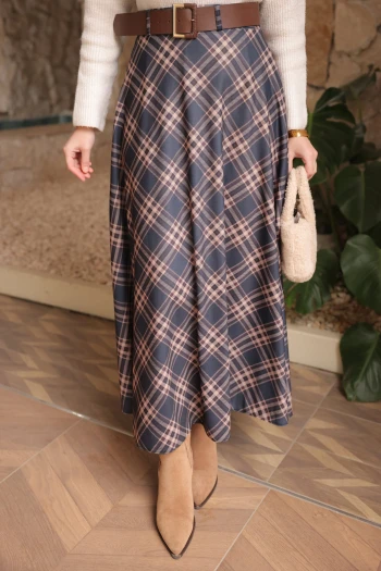 Vizon Lacivert Kemerli Ekose Kloş Etek