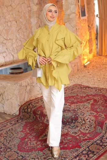 Yağ Yeşili Kol Lastikli Fırfırlı Tunik