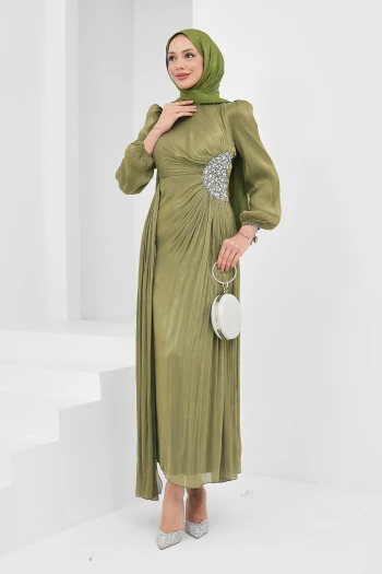 Yağ Yeşili Kolu Lastikli Taş Detaylı Abiye