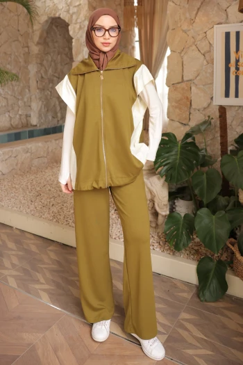 Yağ Yeşili Yelek Pantolonlu Takım