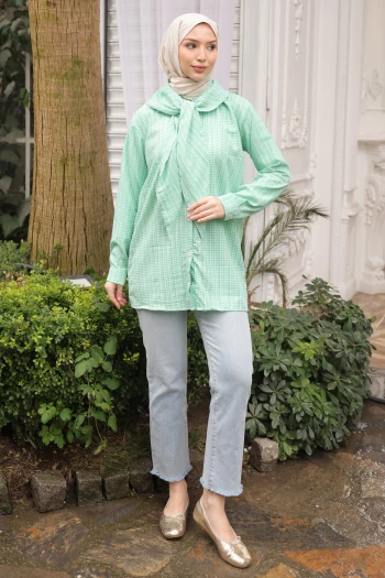 Yeşil Yaka Detaylı  Pötikareli Tunik Gömlek