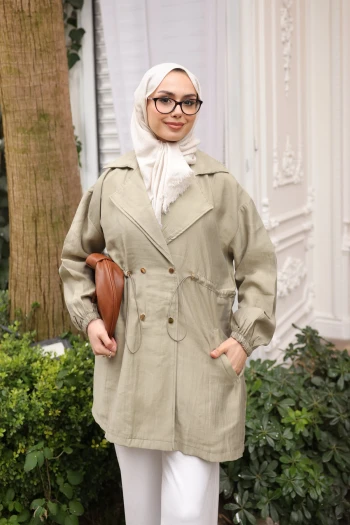 Açık Haki Bel Lastikli Kruvaze Yaka Ceket