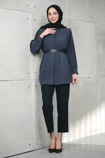 Antrasit Gizli Patlı Belden Kemerli Modal Dokuma Tunik