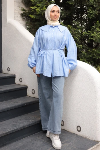 Bebe Mavi Bebe Yaka Bel Bağlamalı Gömlek