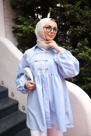 Bebe Mavi Kol Lastikli Önü Düğmeli Biyeli Tunik