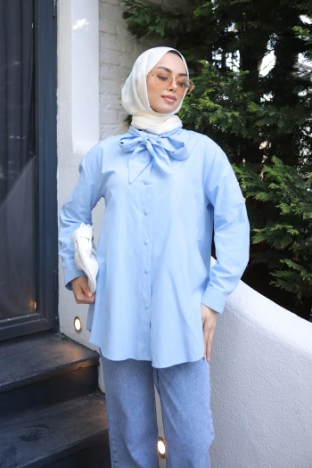 Bebe Mavi Yaka Bağlamalı Poplin Gömlek