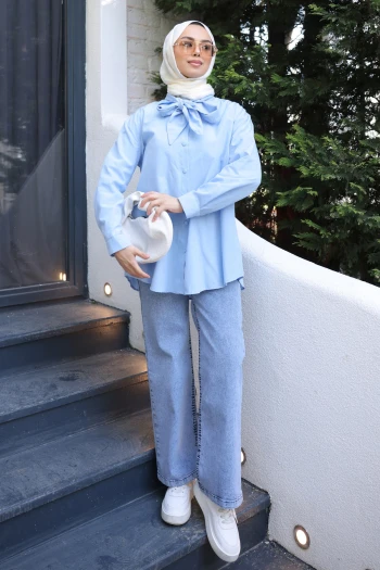 Bebe Mavi Yaka Bağlamalı Poplin Gömlek