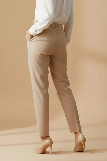 Bej Çift Cepli Bel Lastikli kumaş Pantolon