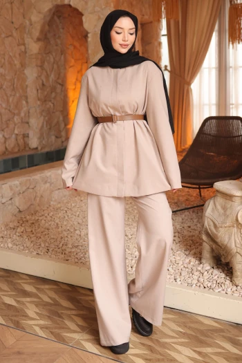 Bej Kemerli Ceket Pantolonlu Takım