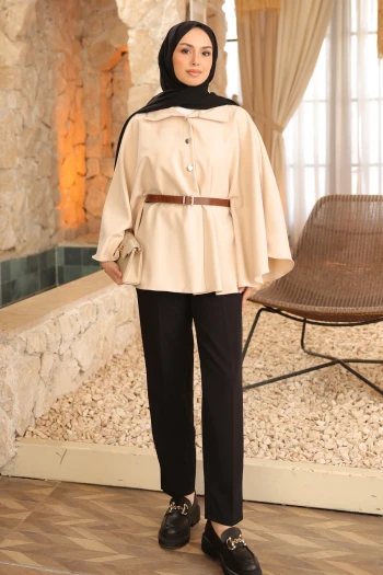 Bej Kemerli Düğmeli Dabıl Panço