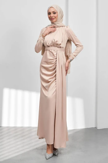 Bej Kemerli Önü Drapeli Balık Model Saten Abiye