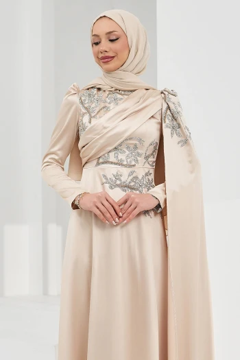 Bej Omuz Pelerrinli Taşlı Saten Abiye