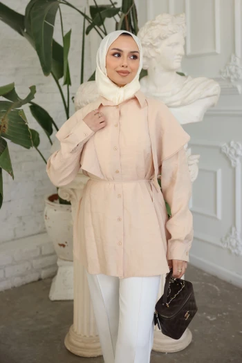 Bej Soft Dokulu Oversize Modal Gömlek