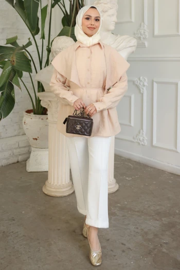 Bej Soft Dokulu Oversize Modal Gömlek