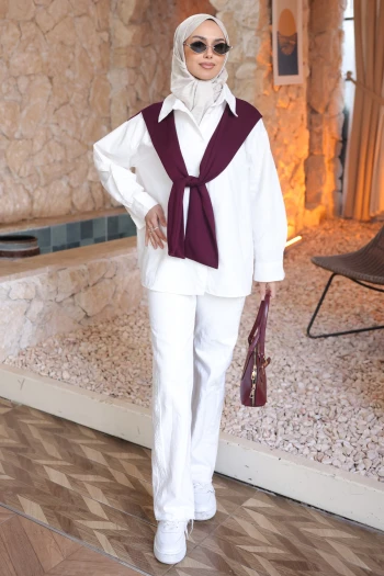 Beyaz Mürdüm Atkı Detaylı Oversize Garnili Gömlek