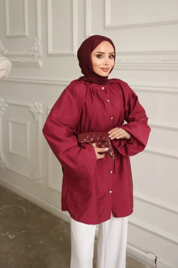 Bordo Balon Kol Kuşaklı Gömlek