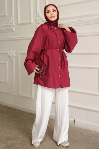 Bordo Balon Kol Kuşaklı Gömlek