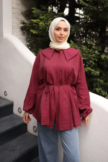 Bordo Bebe Yaka Bel Bağlamalı Gömlek